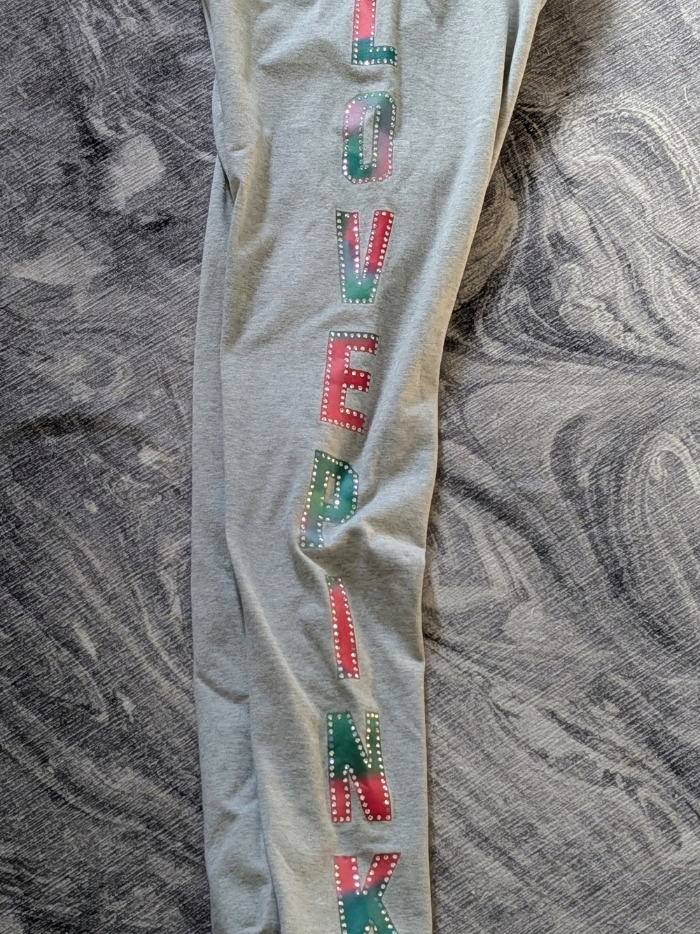PINK Victoria's Secret Gray Leggings with Multicolor Studded LOVE PINK Letters